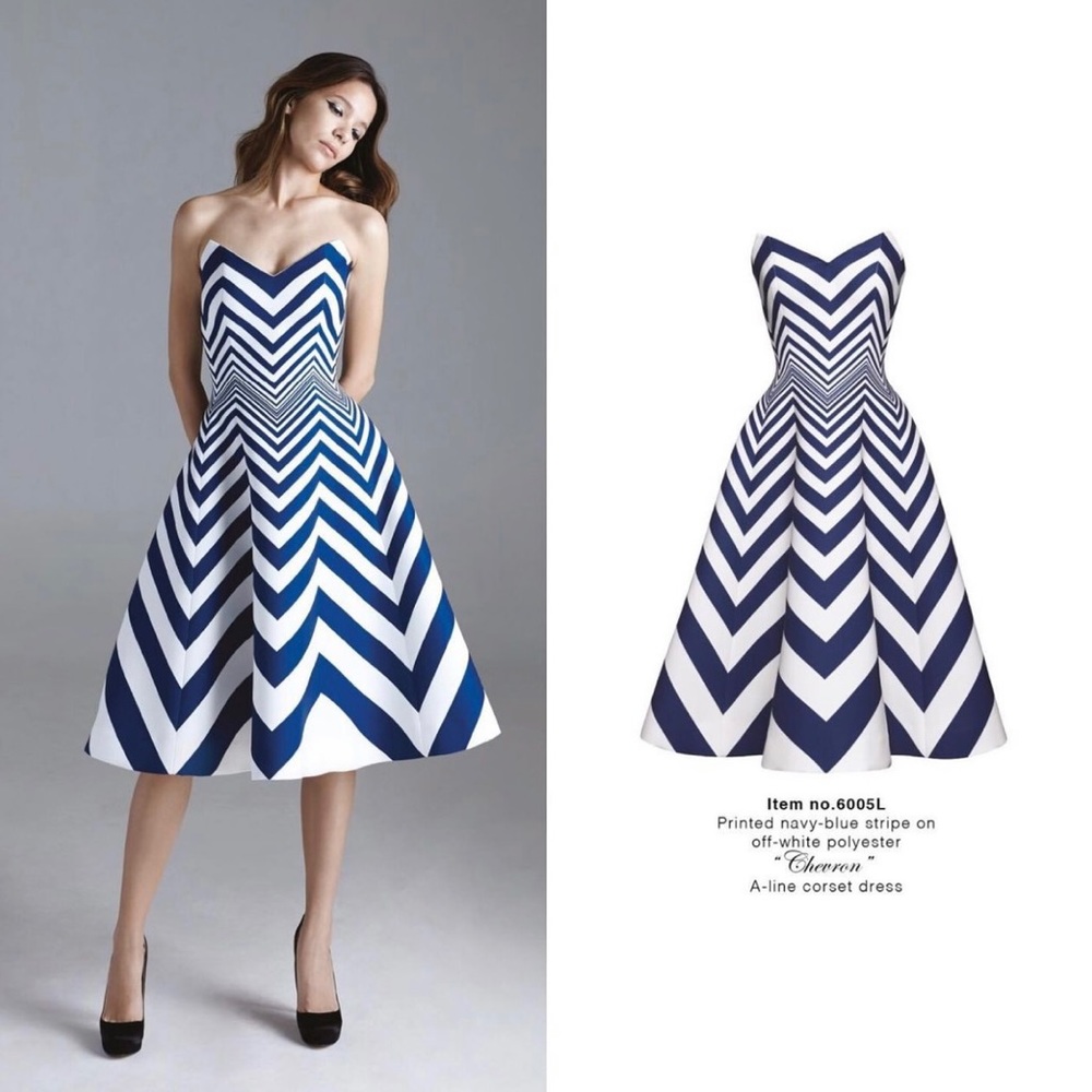 Poem Bangkok "Chevron" Printed navy blue stripe on off-white A-line corset dress